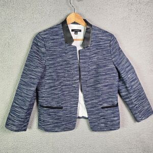 Ann Taylor Blazer Blue Black Faux Leather Trim Textured Collarless 10 Workwear